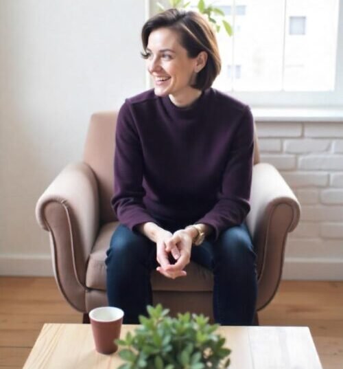 woman in a purple shirt in a counseling setting listening attentively.