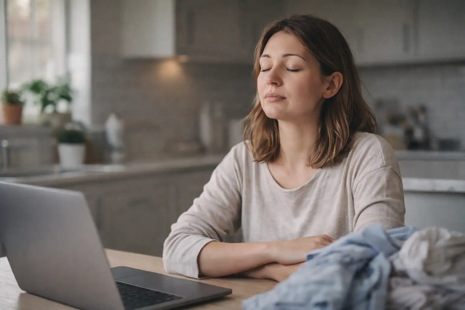 A woman sits at a table in a kitchen with her eyes closed and arms resting on the table, appearing relaxed. An open laptop and a folded shirt are in front of her.
