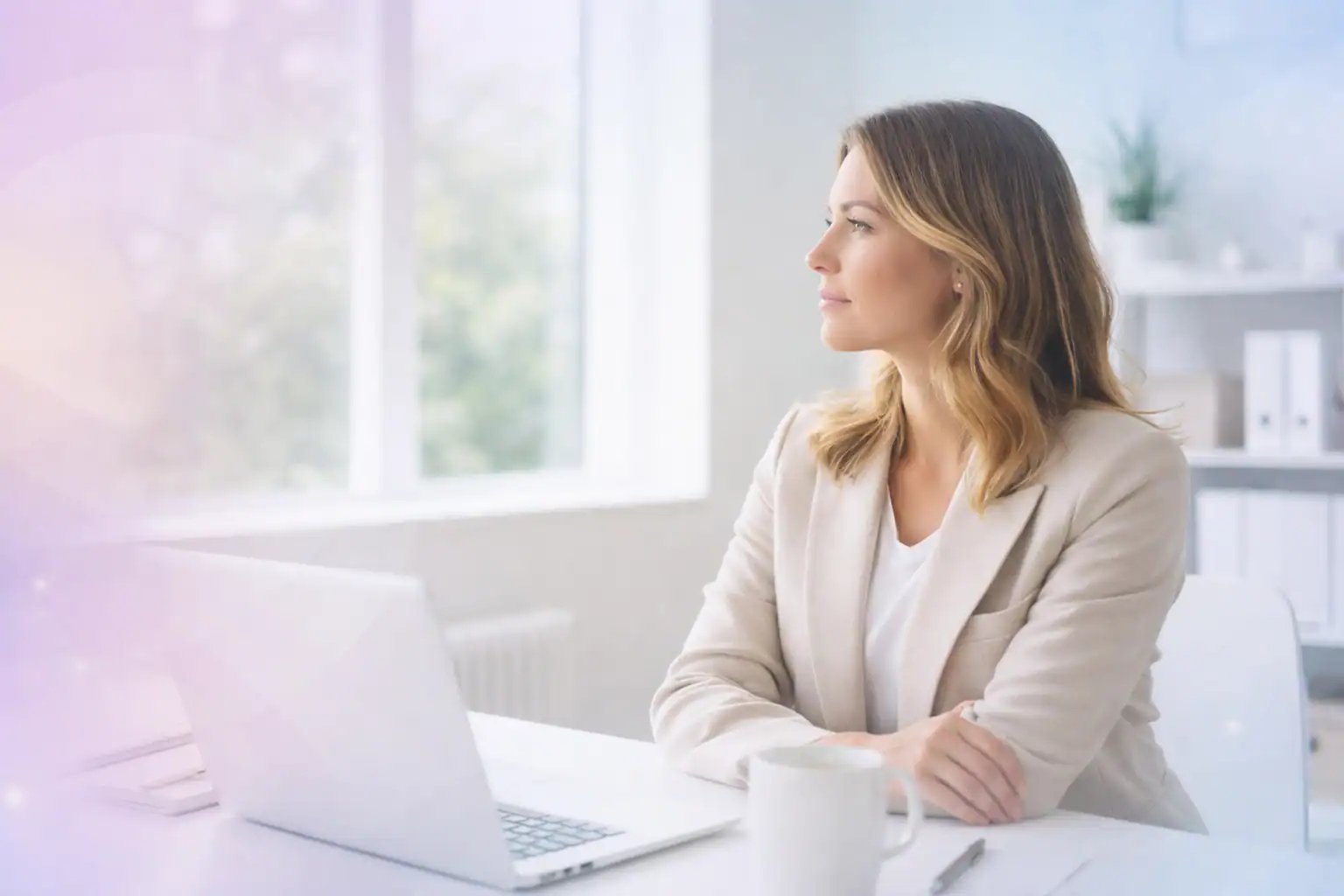 A woman in a light blazer sits at a desk with a laptop and a mug, looking thoughtfully out a bright window in a modern office setting. Shelves with files and decor are in the background.
