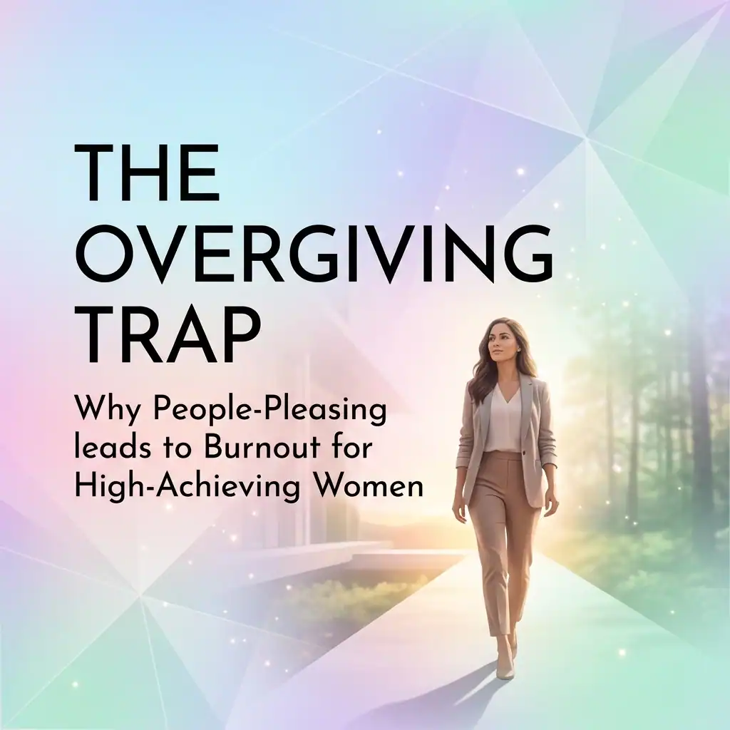 A confident woman in business attire walks forward with purpose. The background is soft and pastel-colored with geometric patterns. Text reads: “The Overgiving Trap: Why People-Pleasing leads to Burnout for High-Achieving Women.”.