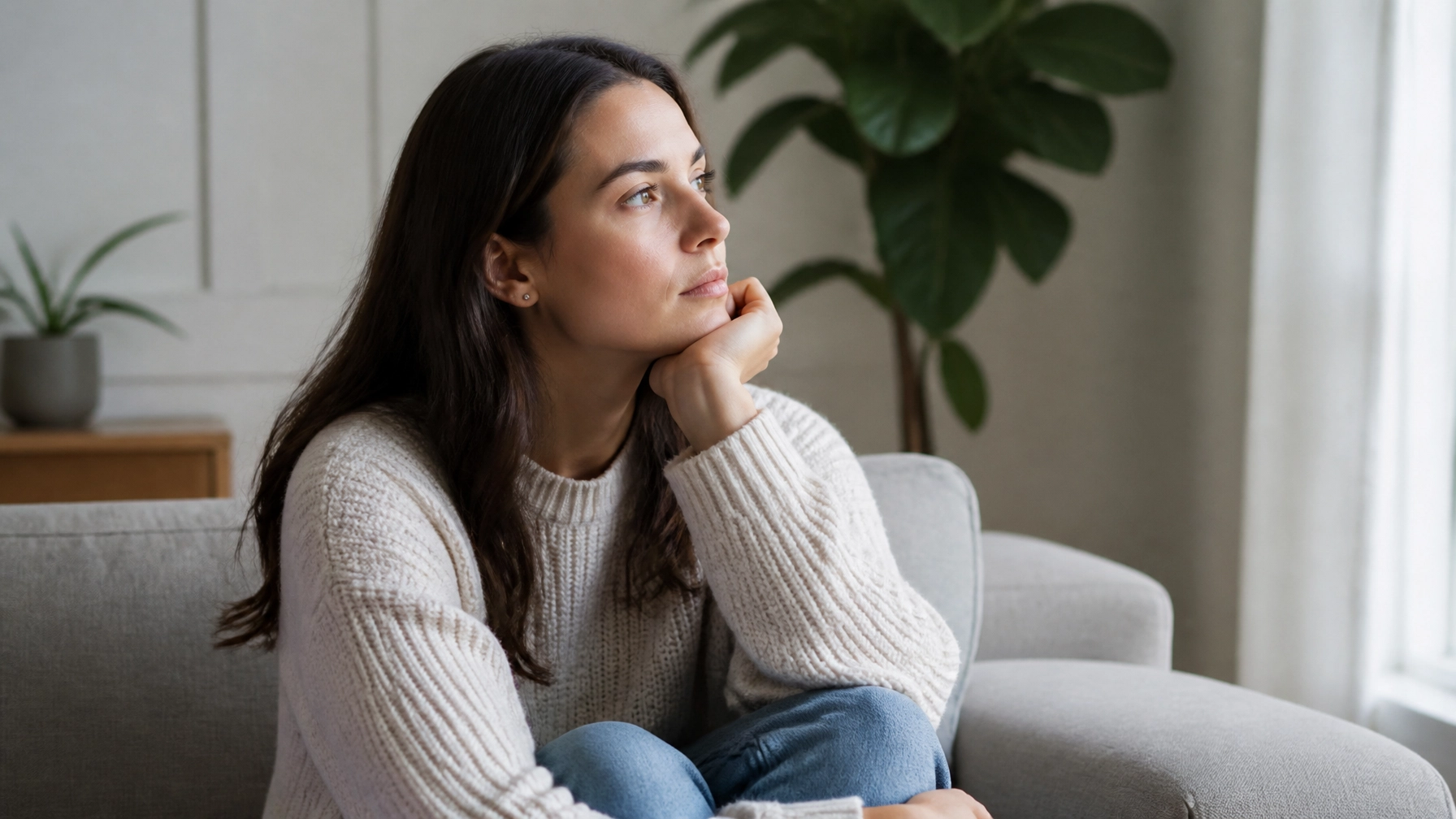 A woman with long dark hair sits on a couch, resting her chin on her hand and looking thoughtfully out of frame. She wears a light sweater and jeans, with a green plant visible in the background.