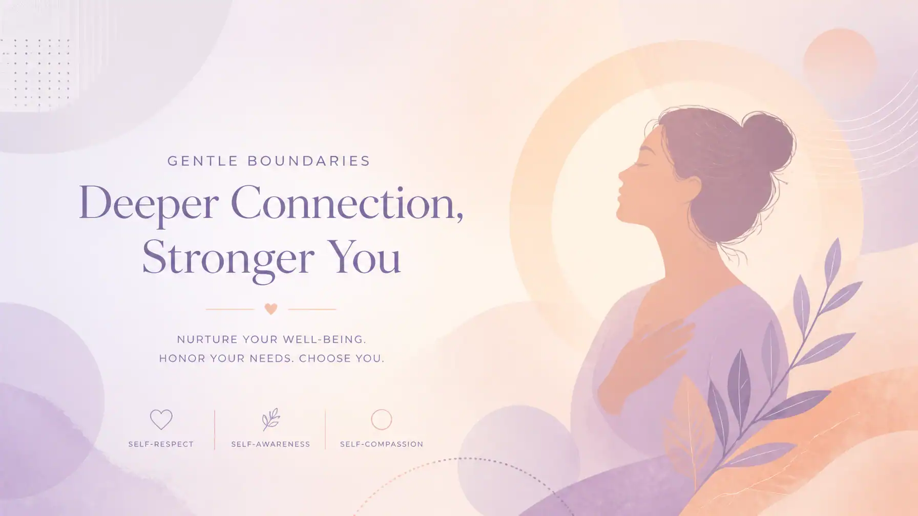 A soft pastel illustration of a woman in profile, surrounded by abstract shapes and leaves, with text promoting self-respect, self-awareness, and self-compassion for deeper connection and well-being.